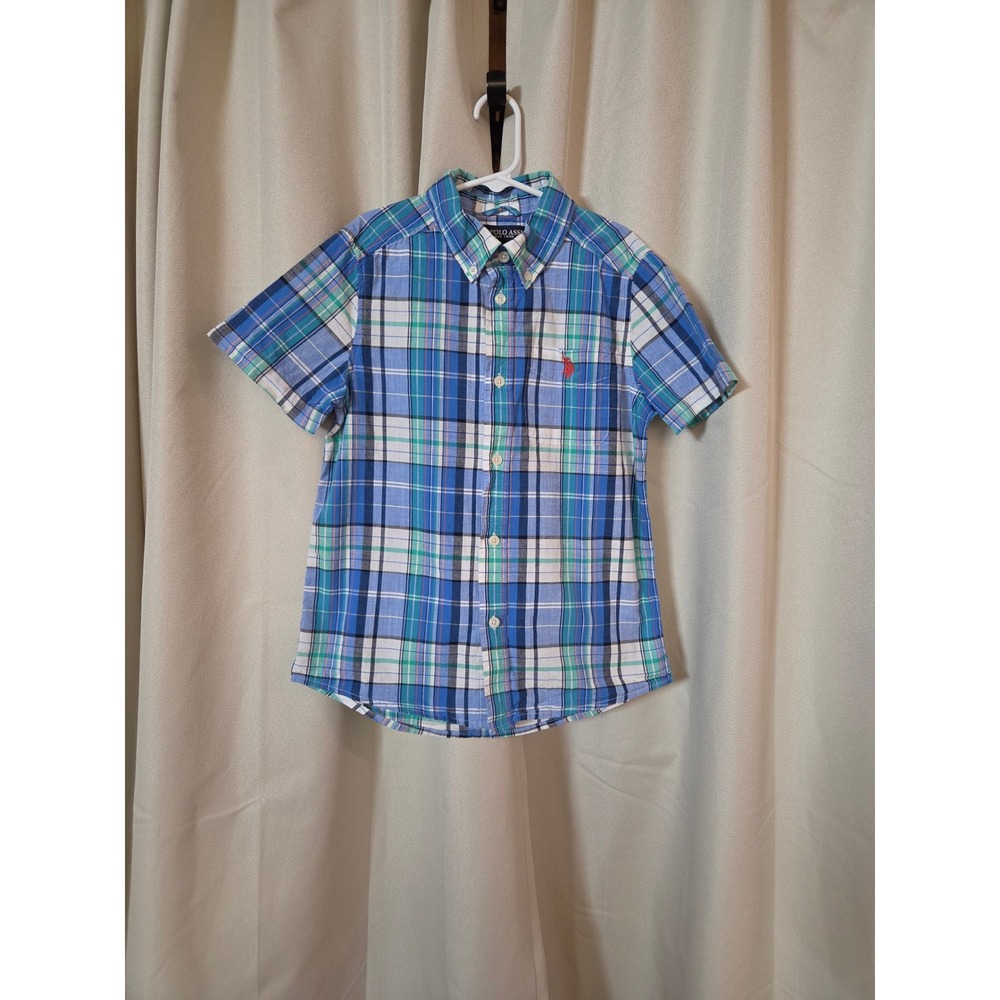 US Polo Assn Boys Blue Green Plaid Short Sleeve Button Down Shirt Size L 10-12